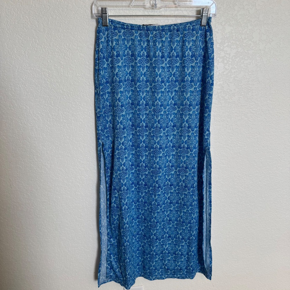 Vintage 90s Boho Indie Mind Games Double Slit Maxi Skirt Small Blue Patterned